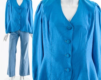 Blue Peplum Long Sleeve Top 80s
