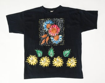 Black Floral Hand-Puffy-Painted Tee