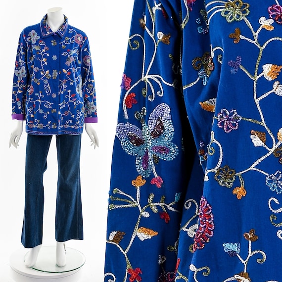 Blue Beaded Butterfly Embroidered Chore Coat - image 1