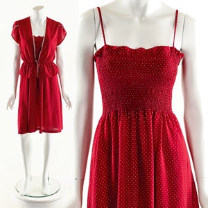 Smocked Red Dress,Red Polka Dot Dress,Boho Red Dress,70s Two Piece Dress,Dolly Parton Dress,70s Red Summer Dress,Baby Doll Dress,Matching
