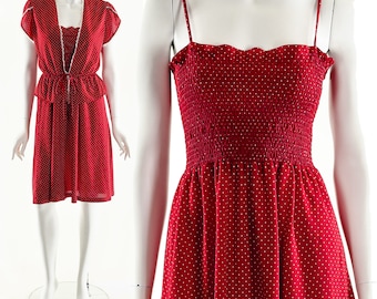 Smocked Red Dress,Red Polka Dot Dress,Boho Red Dress,70s Two Piece Dress,Dolly Parton Dress,70s Red Summer Dress,Baby Doll Dress,Matching