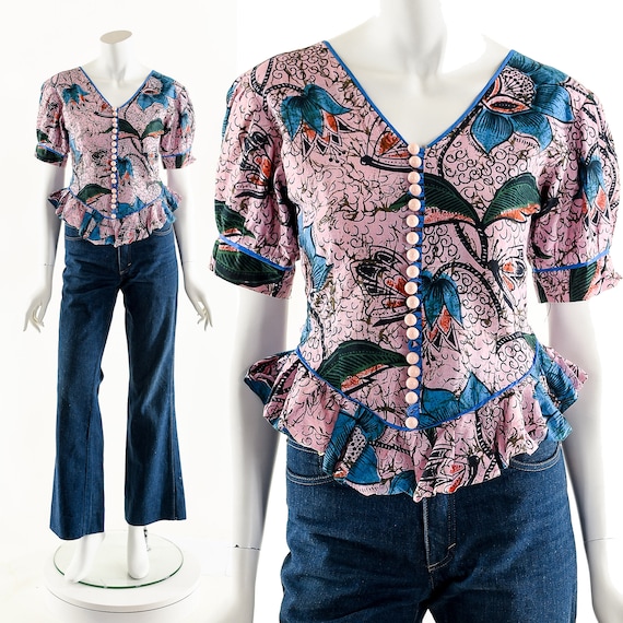 Dutch Wax Peplum Blouse,Floral Batik Top,Button Do