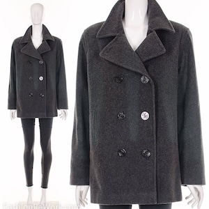 Vintage Navy Pea Coat Charcoal Gray Double Breasted Wool Coat Unisex Small Medium