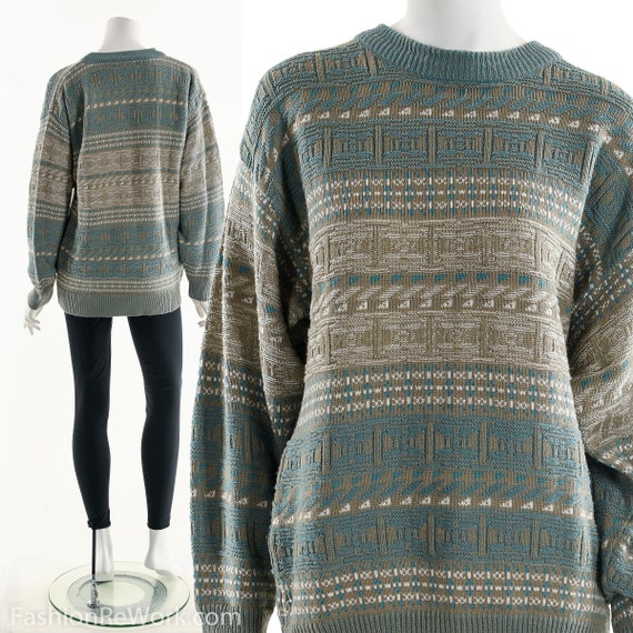 Coogi Style Sweater, Funky Blue Beige Sweater, Ove