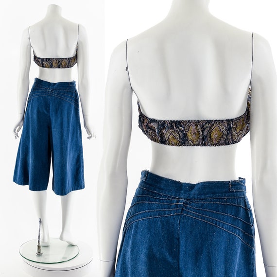 Denim Hippie Palazzo Pants Culottes 70s - image 3