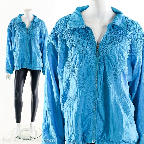 Vintage 90s Windbreaker,Quilted Aqua Blue Jacket,… - image 7