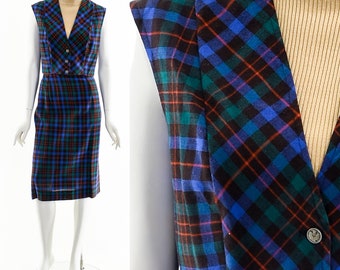 Two Piece Plaid Dress,60s Tartan Dress Set,Vintage Fall Wool Checkered Dress,Matching Skirt and Vest Set,Wool Check Dress,Suit Dress,Fall