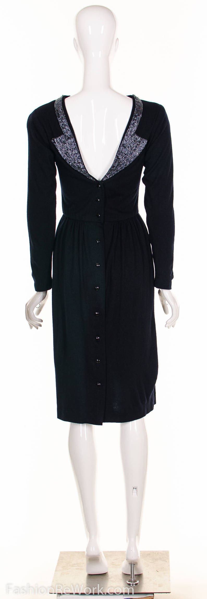 Vintage 50's Black Beaded Dress Plunging Neckline Black Wool Knit Dress Low Back Vixen Wiggle Dress Button Up Bombshell Retro Pin Up Dress S image 5