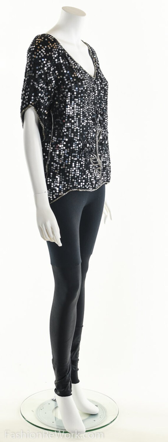 Sequin Silk Blouse, Floral Sequin Top, Beaded Sil… - image 2