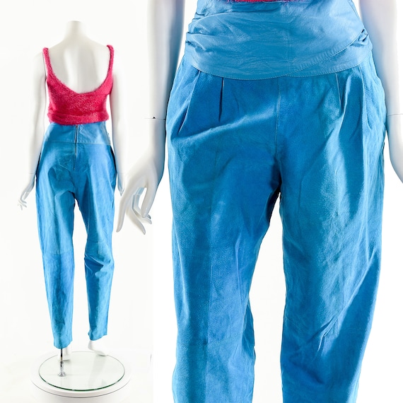 Blue Suede Pants,Turquoise Leather Pants,Tuxedo I… - image 3