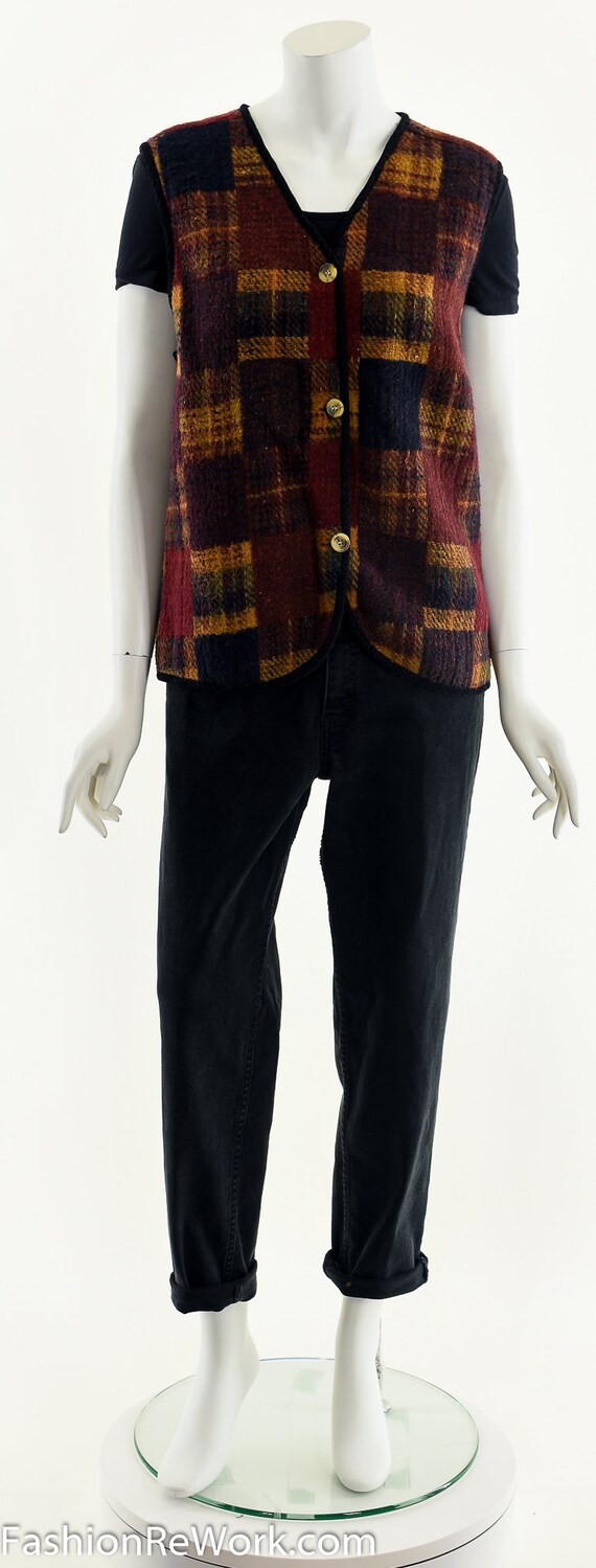 Dark Woolen Patchwork Plaid Vest - image 2