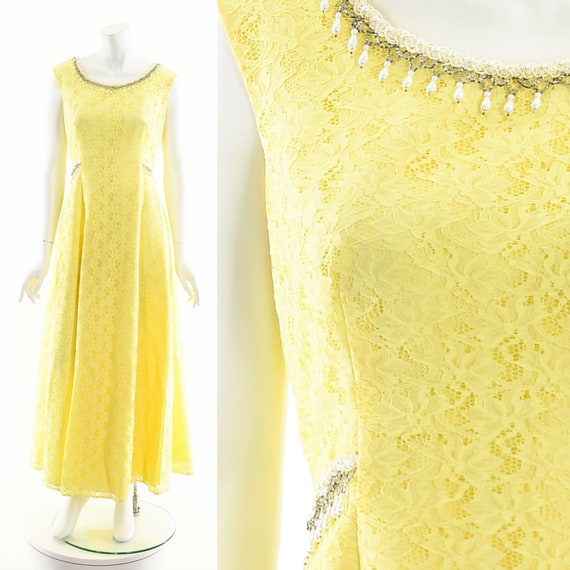 Lemon Yellow Maxi Dress,Yellow Lace 60s Dress,Lon… - image 1