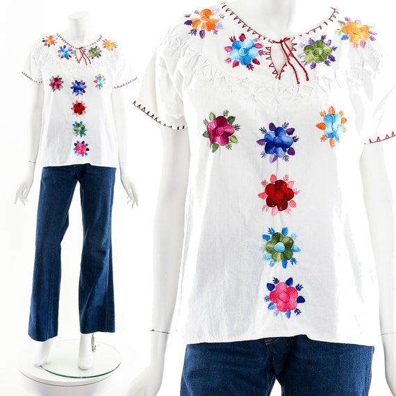 Embroidered Peasant Blouse,Rainbow Flower Embroid… - image 2