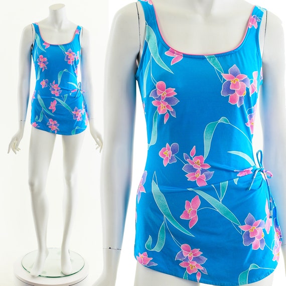 Tropical Floral Swimsuit,Vintage 70s One Piece Su… - image 3