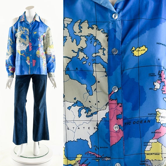 World Map Blouse,Cold Shoulder Vintage Map Shirt,… - image 3