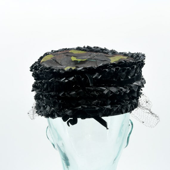 Black Woven Ribbon Pillbox Hat with Bird Cage Veil - image 5