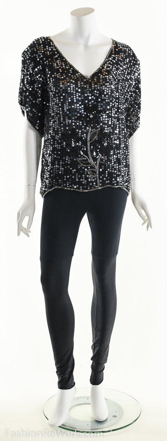 Sequin Silk Blouse, Floral Sequin Top, Beaded Sil… - image 7