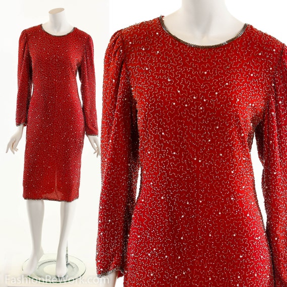 Beaded Silk Red Dress, Vintage Beaded Dress, Troph