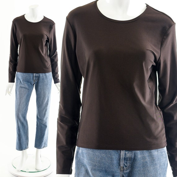 Stretchy Brown Long Sleeve Top,Brown Vintage Shir… - image 1