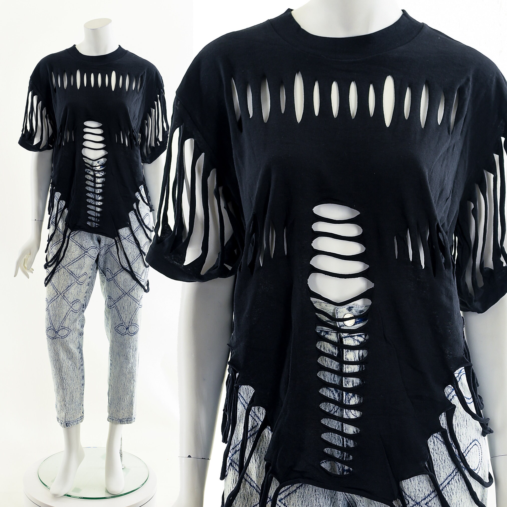 最新作 80s Rock T-shirt Black Tee,vintage Black Shirt,slashed Band トップス