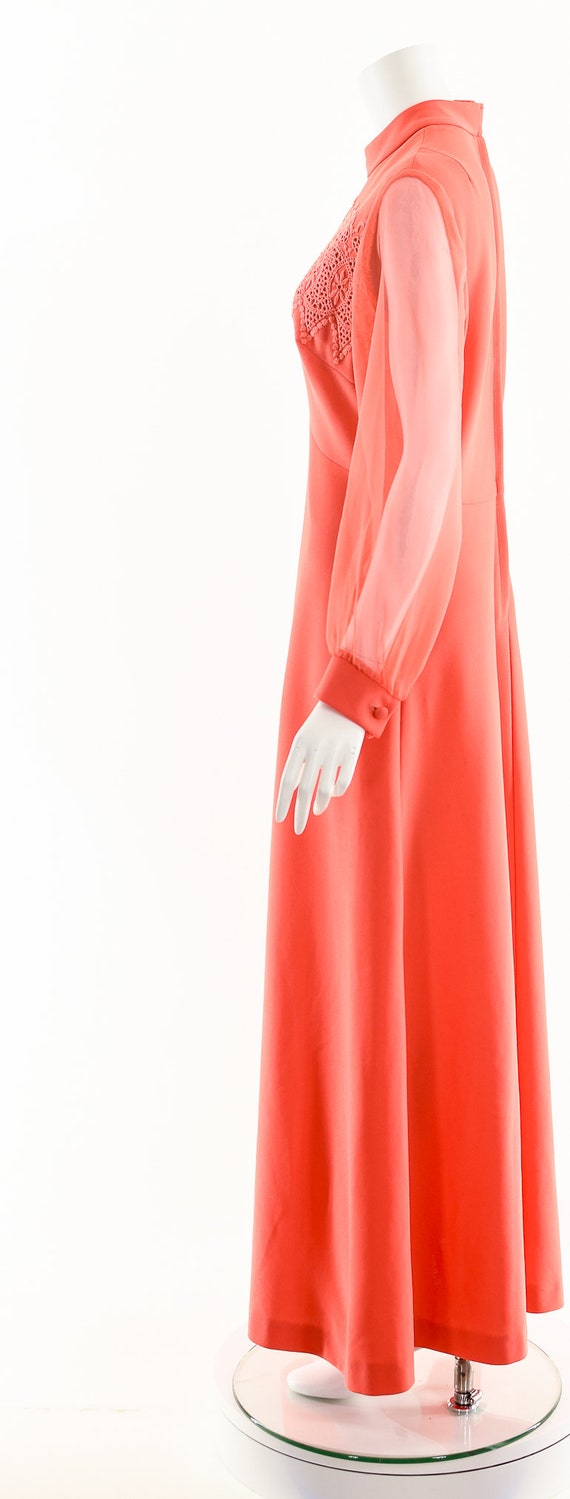 Coral Lace Chiffon Dress,60s Pink Orange Dress,Ba… - image 9