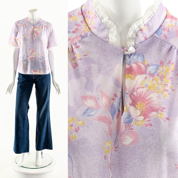 lavender blouse, floral printed blouse, purple bl… - image 1