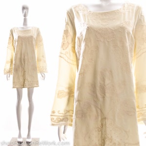 Vintage 60s 70s Cream Embroidered Mini Dress Boho Chic Bohemian Dress Angel Sleeves Bell Sleeves Hippy Hippie Dress Large