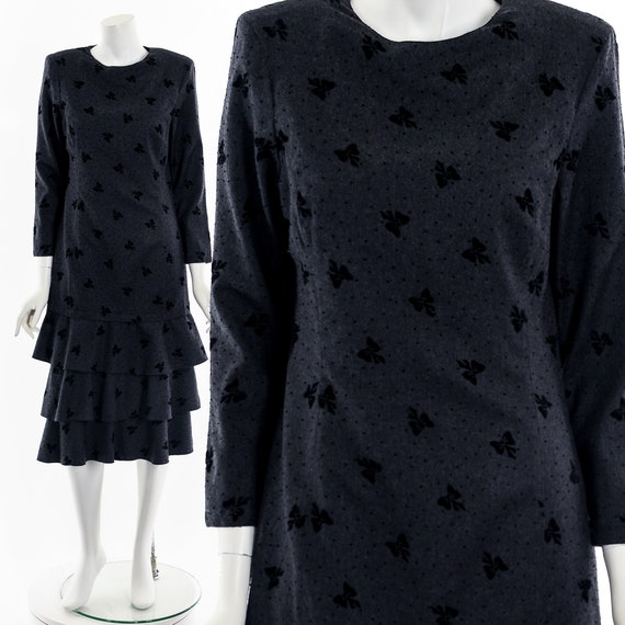 Louis Feraud Wool Black Velvet Tier Ruffled Dress