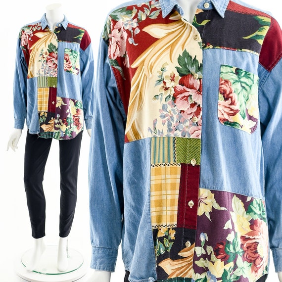 Patchwork Chambray Blouse,Asymmetric Patch Top,Vi… - image 1