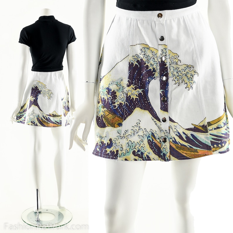 The Great Wave Skirt,90s Snap Front Skater Mini Skirt,90s Club Kid Skirt,Art Print Skirt,The Great Wave Off Kanagawa,Hokusai,Japanese Wave