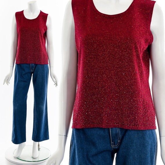 Red Stretchy Sparkly Knit Top - image 2