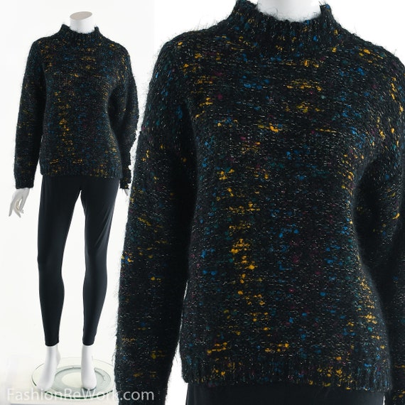 Metallic Dark Colorful Sweater,Hand Knit Turtlenec