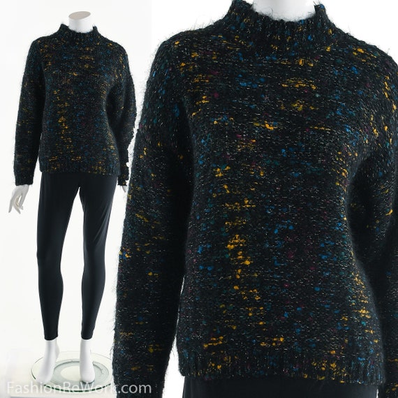 Metallic Dark Colorful Sweater,Hand Knit Turtlene… - image 1