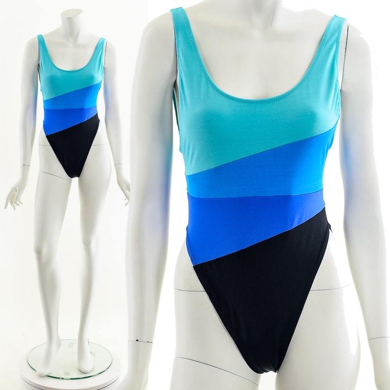 Brazilian Colorblock One Piece Swimsuit,Blue Panel High Cut Bathing Suit,Vintage Brazilian Swimsuit,High Cut Bikini Option,Low Cut Back, image 2