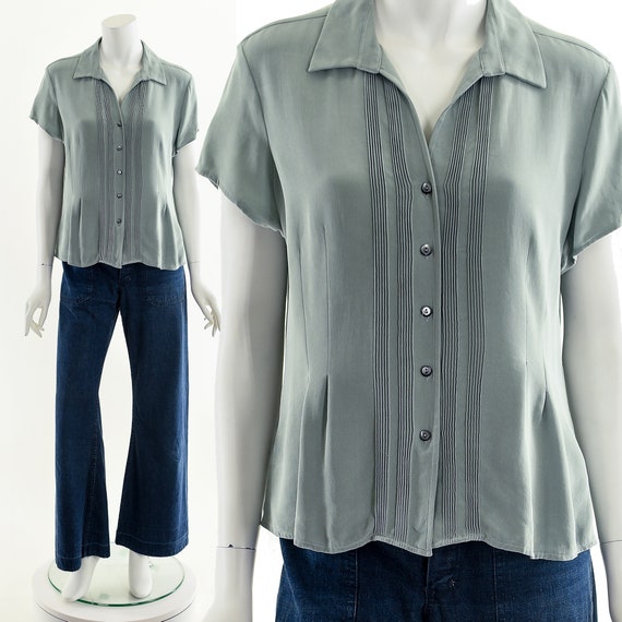 sage green silk bowler shirt, pleated tuxedo insp… - image 2