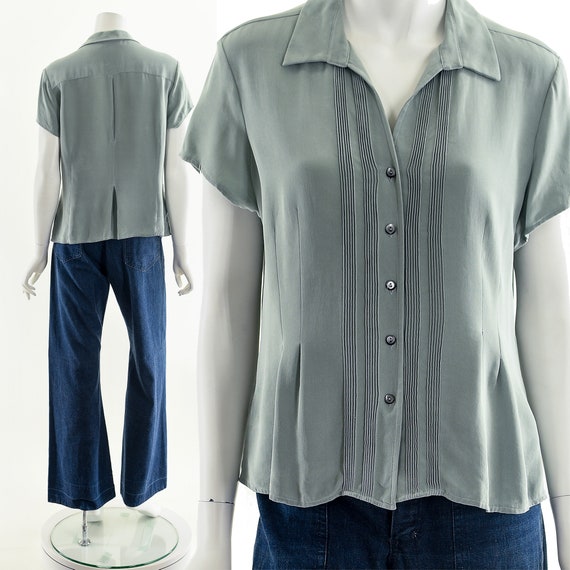 sage green silk bowler shirt, pleated tuxedo insp… - image 3