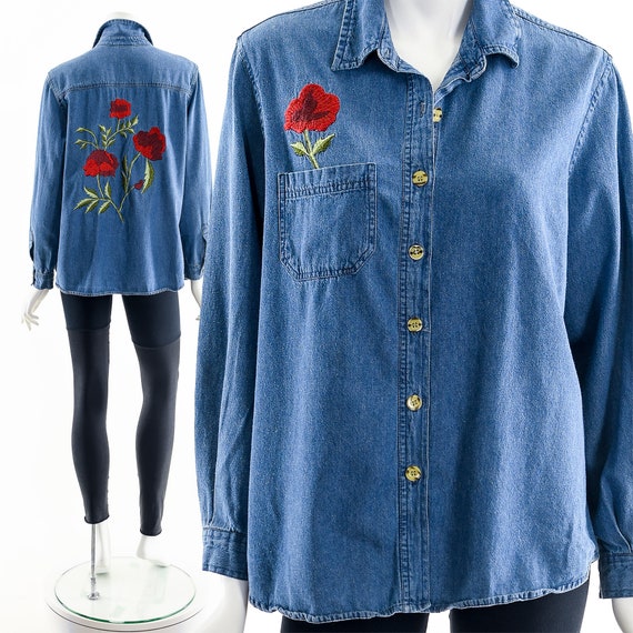 Huge Embroidered Rose Chambray,Indigo Chambray But