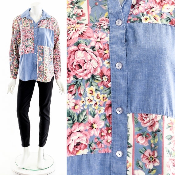 Patchwork Pink Blouse,Floral Rose Chambray Blouse,