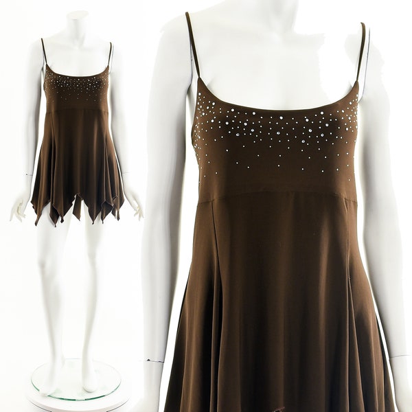 brown club Y2K dress,dance,nightout,clubkid,2000s,jagged hemline dress,brown rhinestone skimpy dress,club dress