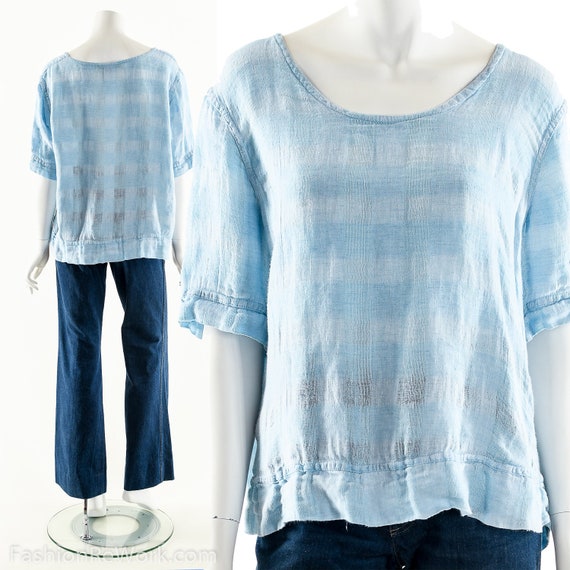 Blue Linen Blouse, Vintage Linen Top, Baby Blue B… - image 1