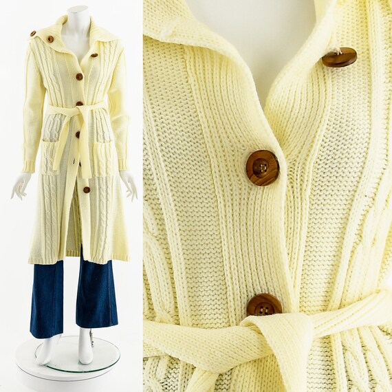 Off-White Cable Knit Button Up Duster Cardigan 70s - image 3