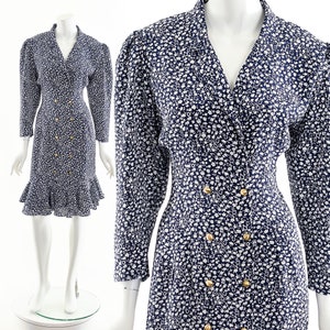Ditzy Floral Dress,Navy Ruffle Dress,20s Inspired Dress,Double Breasted Button Up Dress,50s Inspired Dress,80s Does 50s,Flapper Dress,Blue