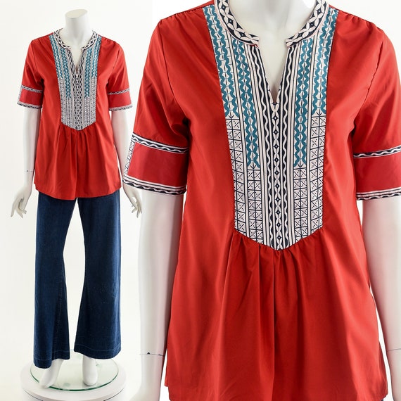 Red Dashiki Cotton Boho Blouse - image 2