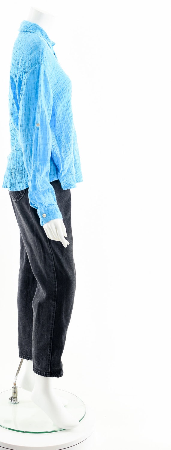 Aqua Blue Linen Button Down Blouse - image 5