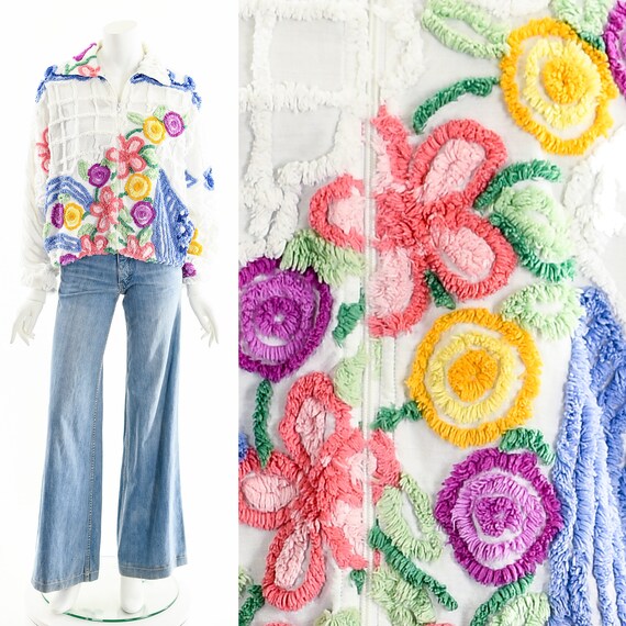 RAINBOW FLOWER Jacket,Chenille Blanket Bomber Jack