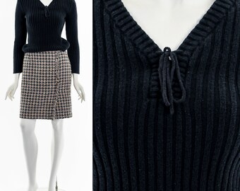 トップス 70s- black virgin wool cardigan Vintage 70's Black Zip Cardigan Wide Ribbed Wool White Stag