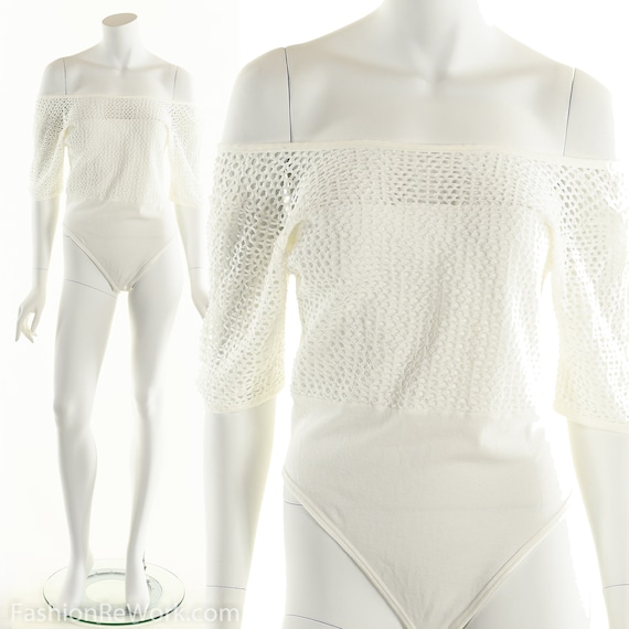 White Fishnet Bodysuit, Vintage White Bodysuit, Vi