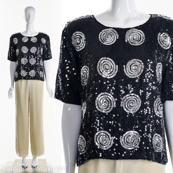 Black Sequin Swirl Silk Blouse - image 1