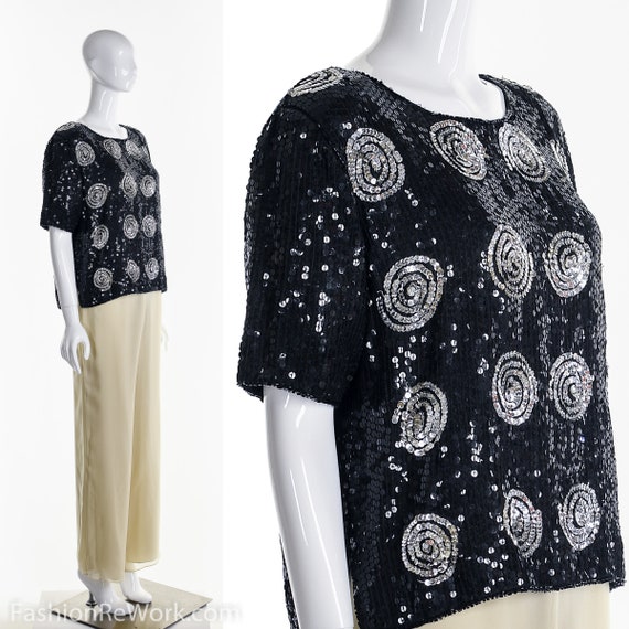 Black Sequin Swirl Silk Blouse - image 2