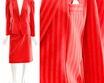 red pinstripe dress, two piece suit dress,9 to 5 style, puff shoulder blazer,two piece dress, vintage red dress suit